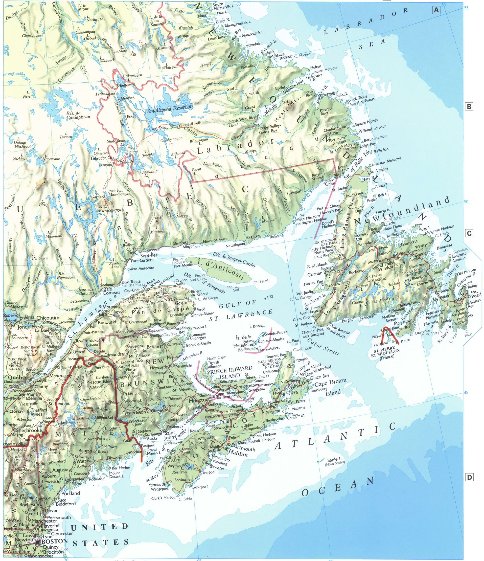 east canada map with rivers and mountains