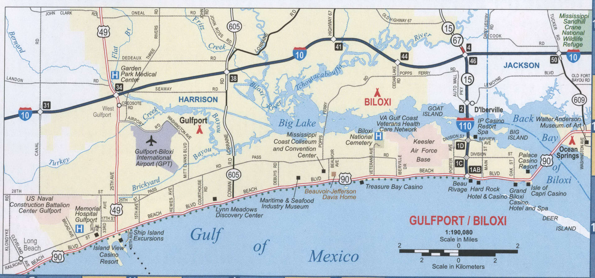 Biloxi map mississippi gulfport gulf coast pascagoula mexico between