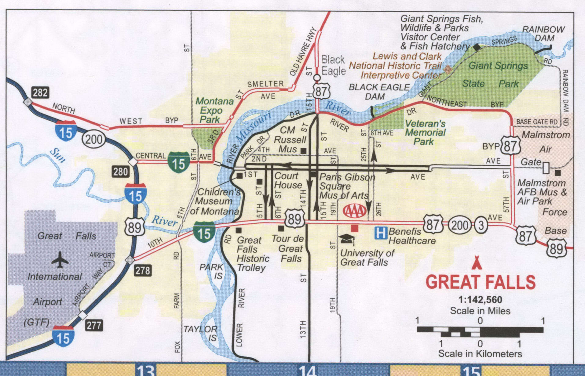 Great Falls MT roads map, free printable map highway Great Falls city