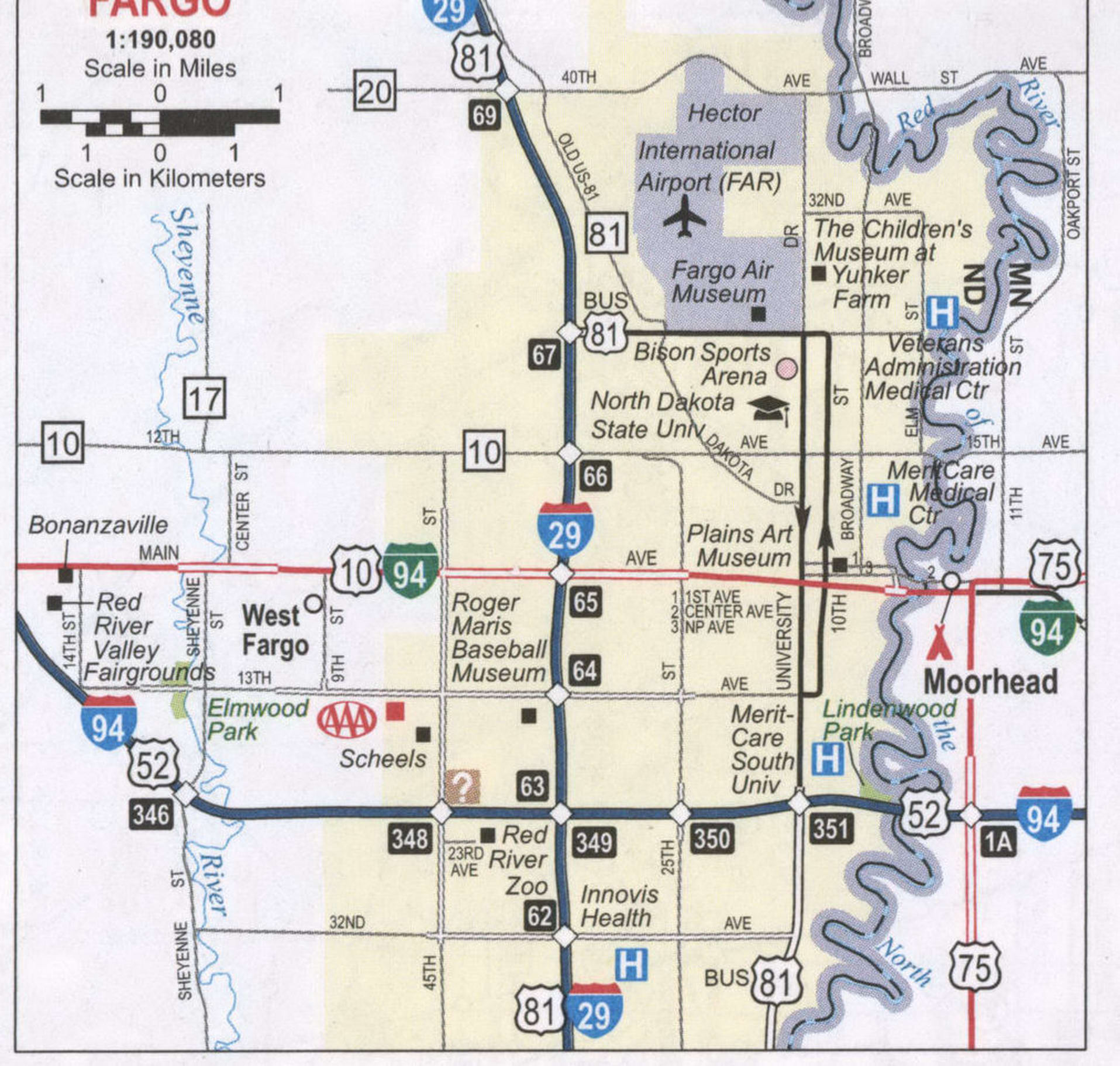 Fargo ND roads map, free printable map highway Fargo city surrounding area
