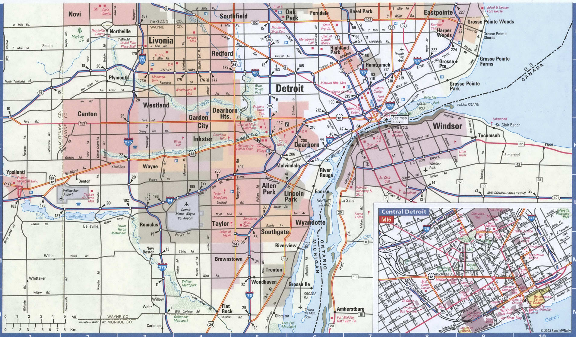Map of Detroit city, Michigan state US