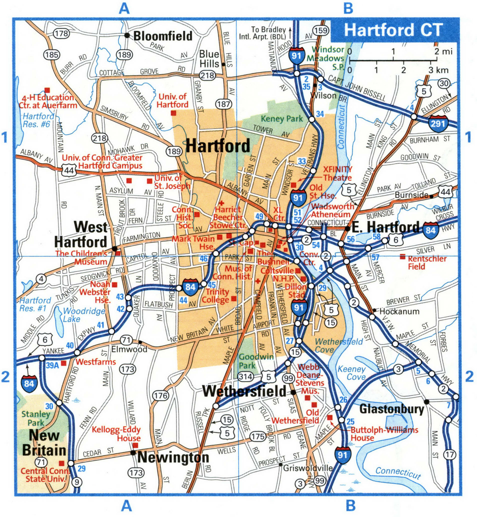 Hartford city interstate highway map road free toll I84 I91 I291 - U.S.