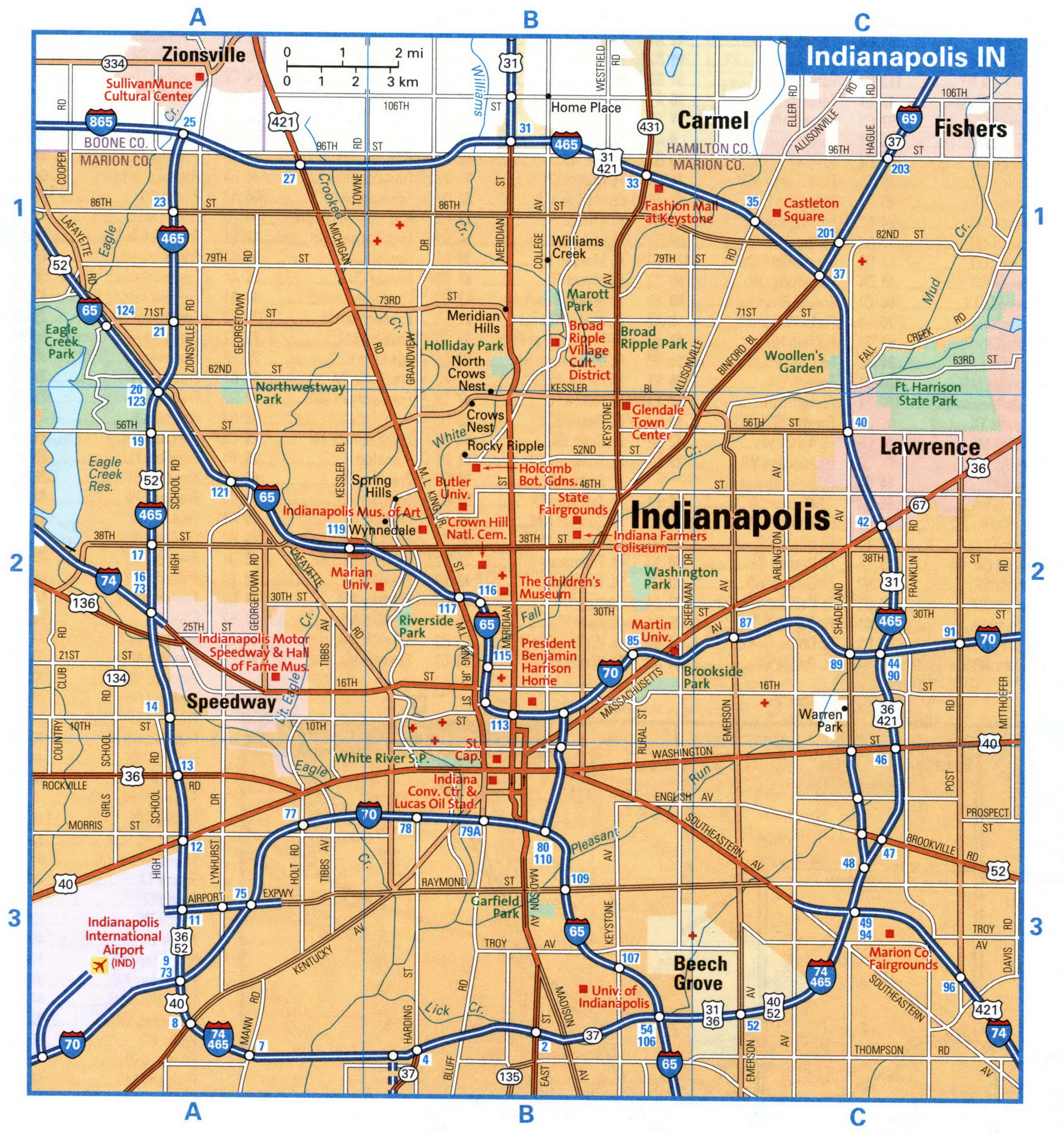 Indianapolis city interstate highway map road free toll I65 I70 I74 