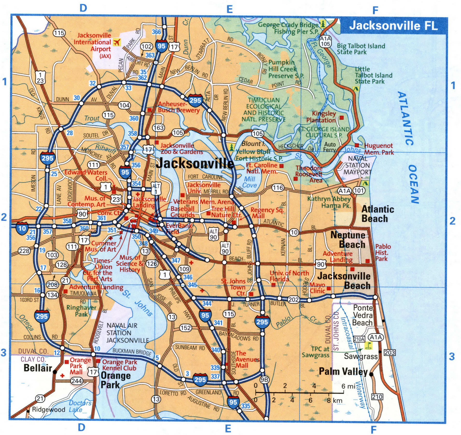 Jacksonville city interstate highway map road free toll I10 I95 I295 - U.S.