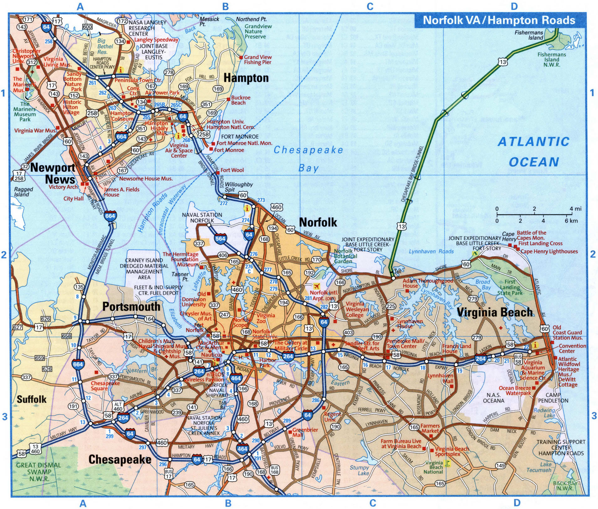 Norfolk city interstate highway map road free toll I64, I264, I464 ...