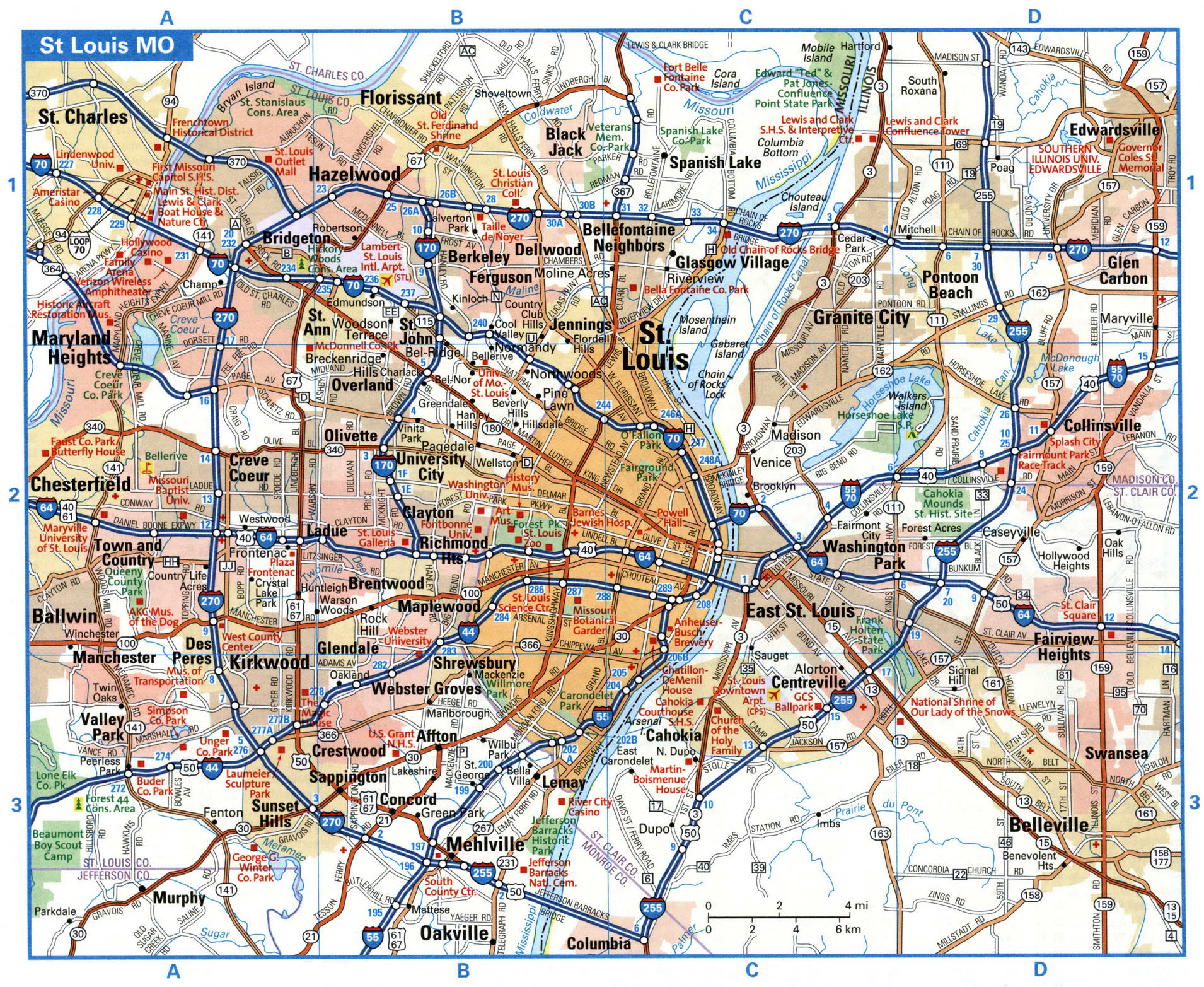 St Louis city interstate highway map road free toll I44, I55, I64, I70 ...