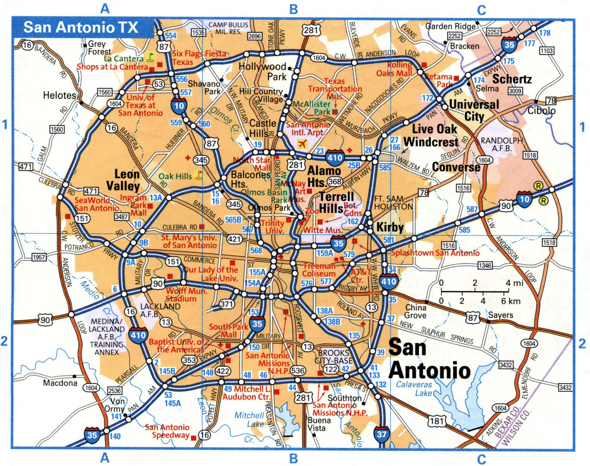 San Antonio city interstate highway map road free toll I10, I35, I37 ...