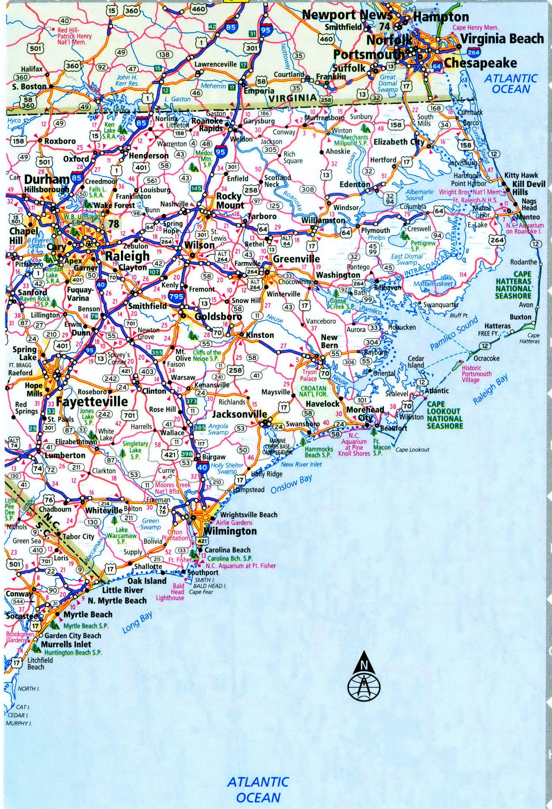 Free Map of the interstate highways of North Carolina. Map of the state roads of North Carolina with cities, towns, and rest areas.