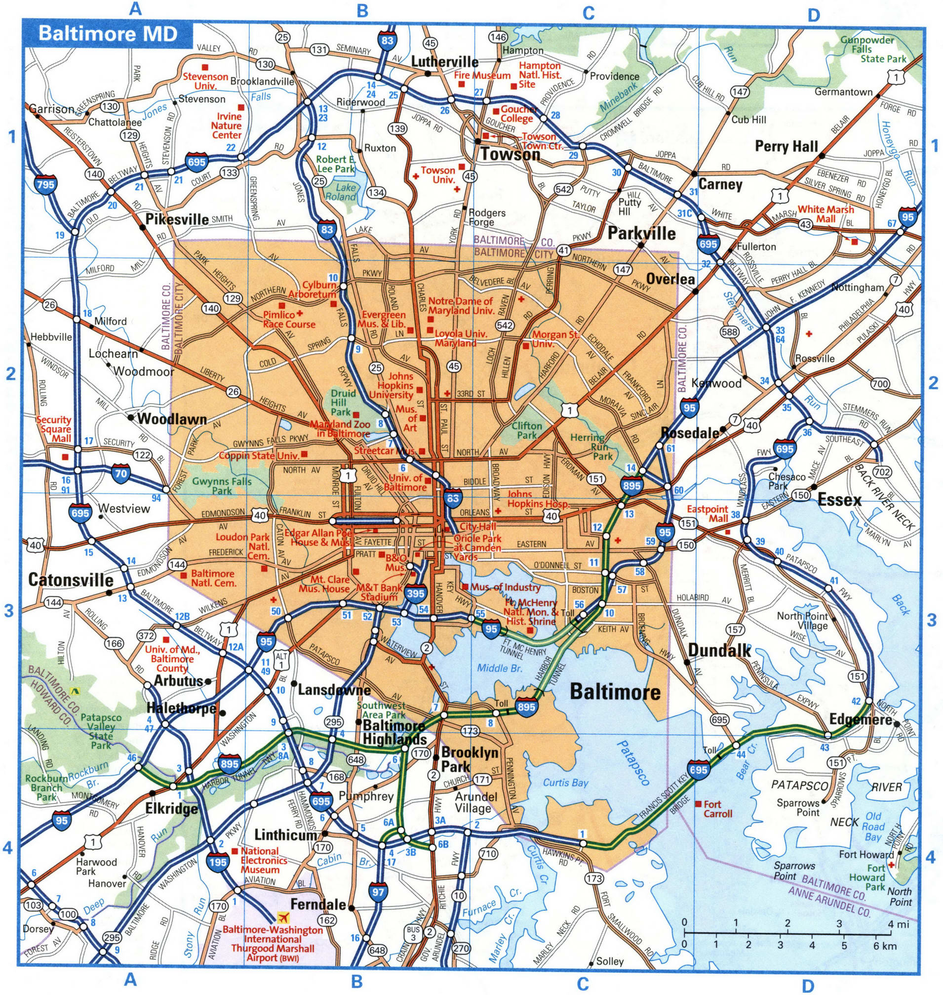 Baltimore city interstate highway map road free toll I70, I83, I95 ...