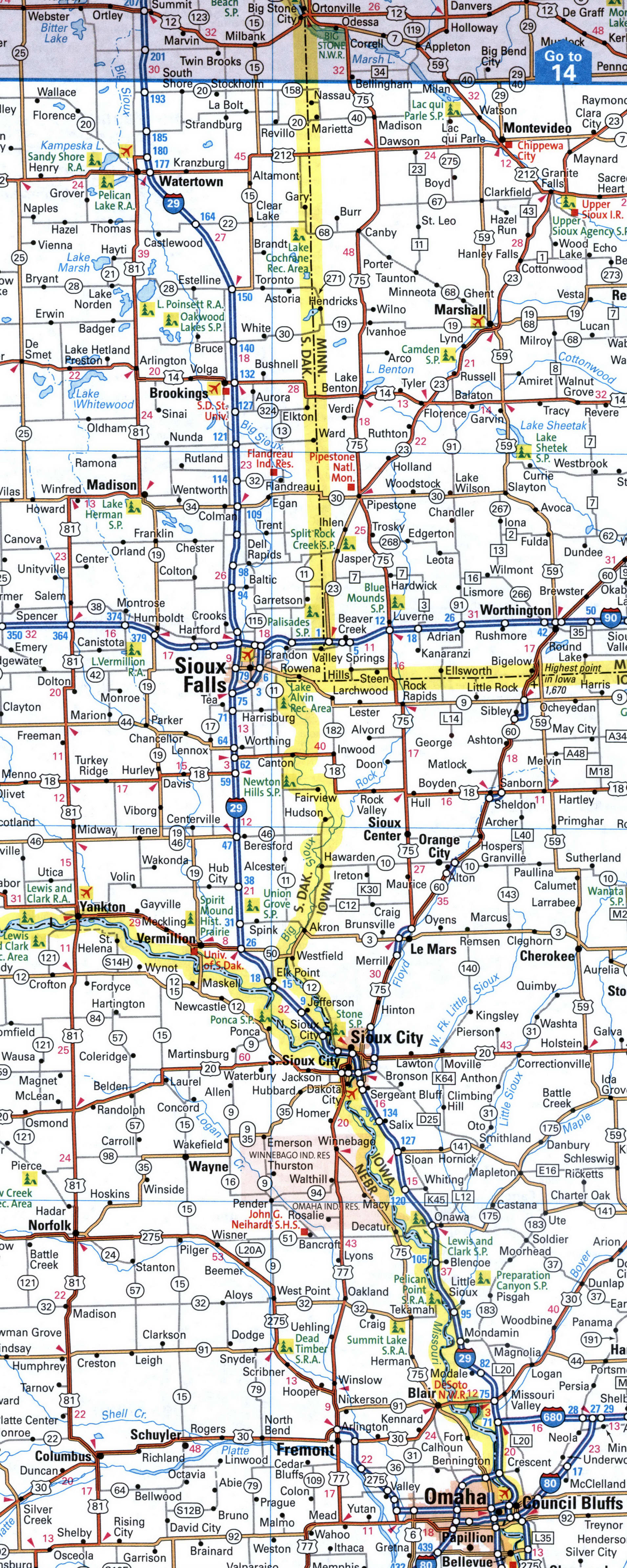 Map I-29 interstate highway Missouri, Iowa, South Dakota, North Dakota ...