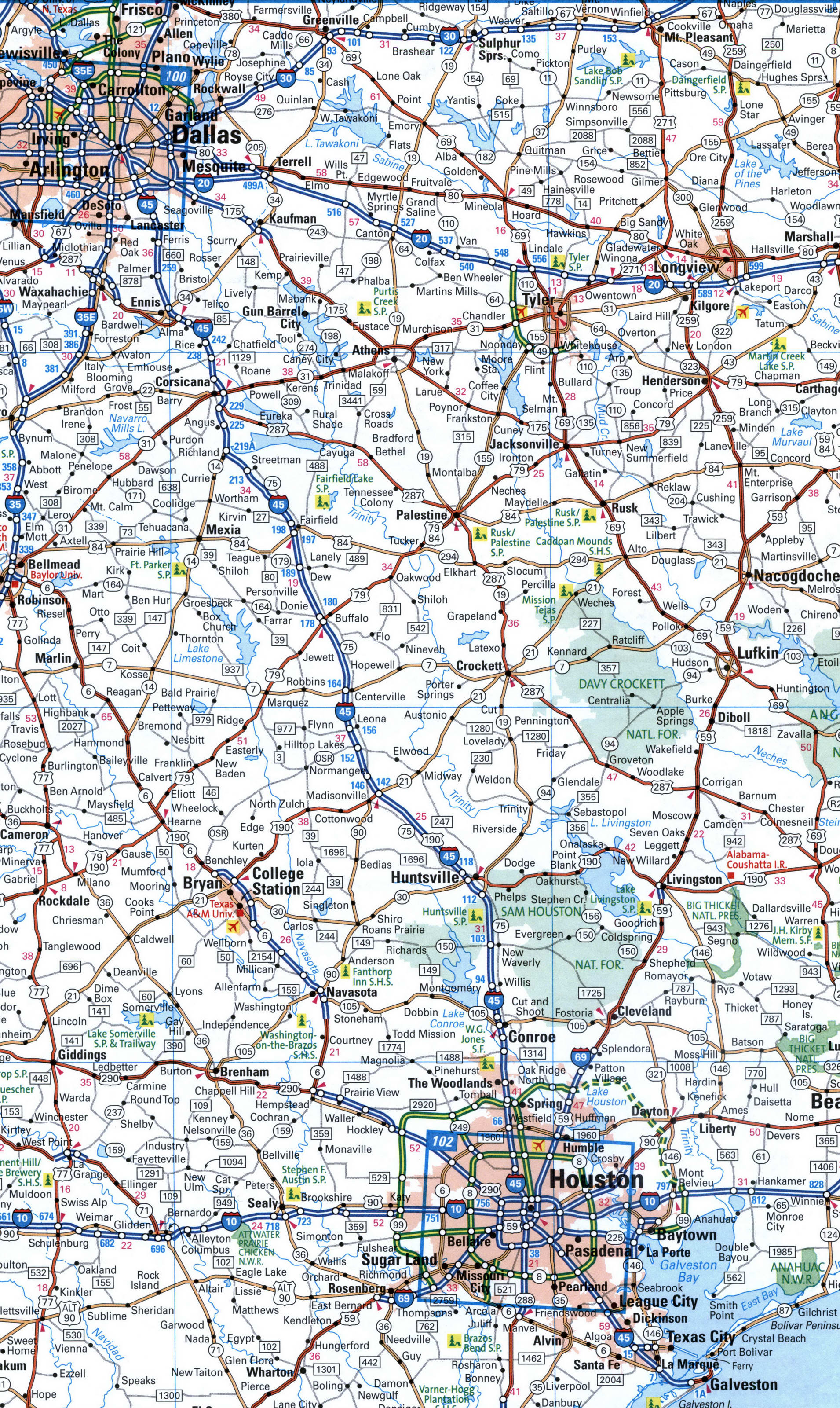 Map of I-45 Interstate Highway Texas with interchange and exit number ...