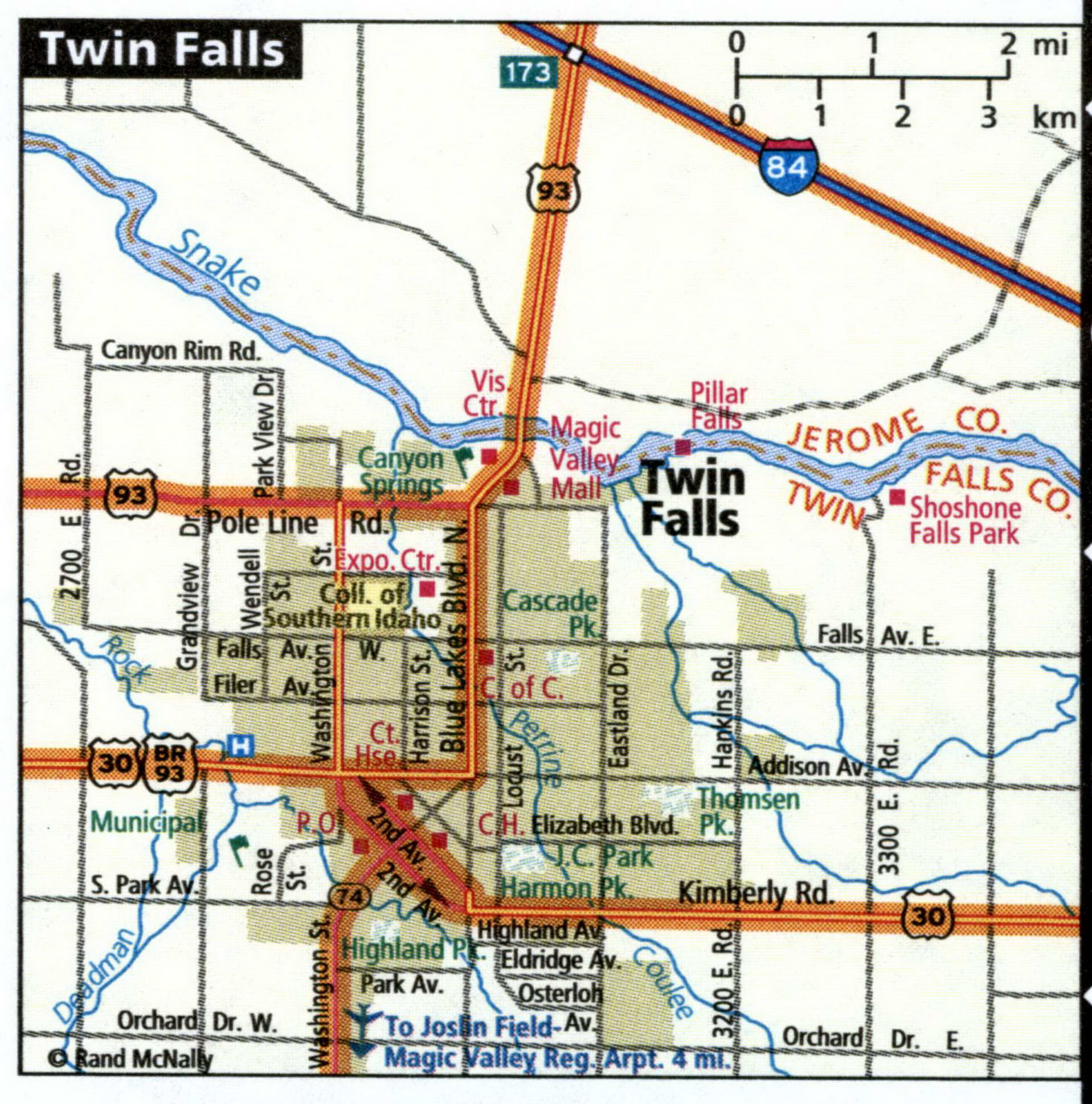 Twin Falls city road map for truck drivers area town toll free highways ...