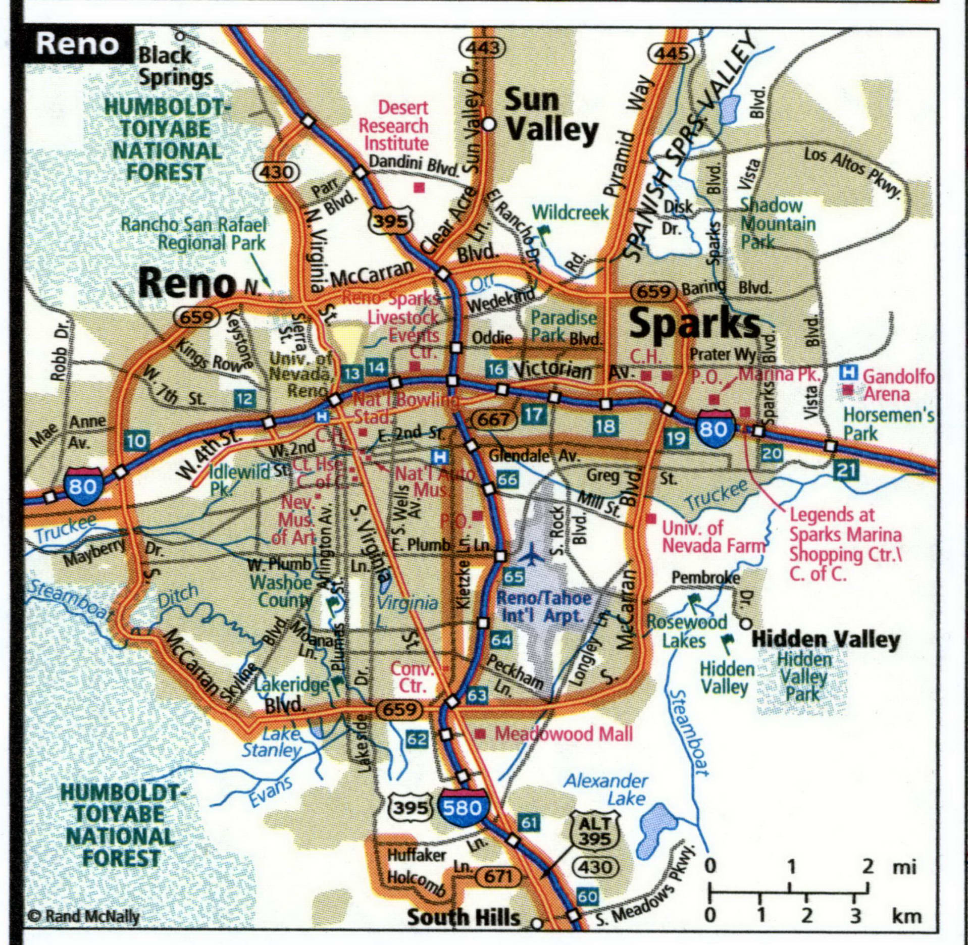 Reno city road map for truck drivers area town toll free highways map - USA