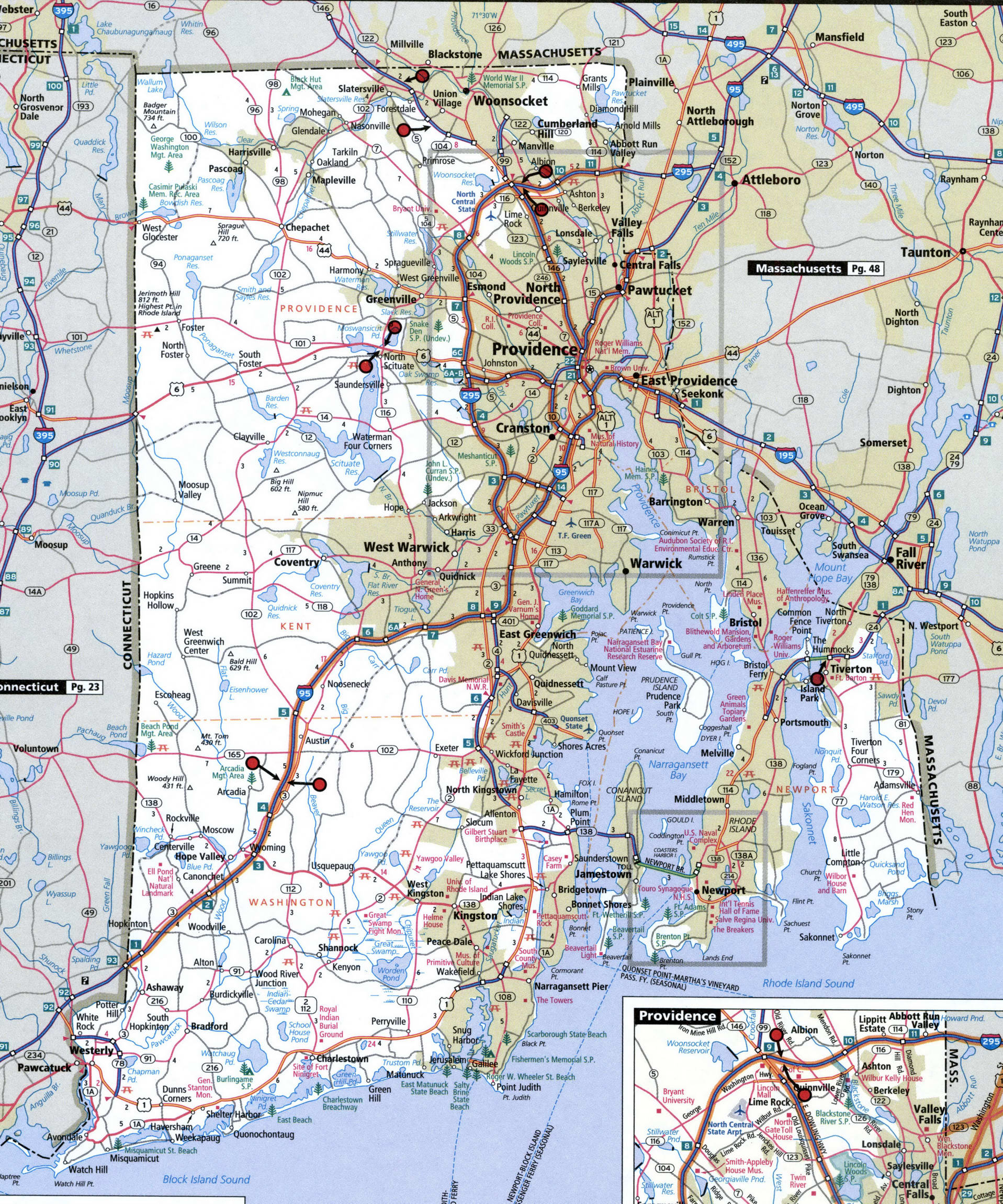 Rhode Island state highway map with truck routes area town Island roads ...