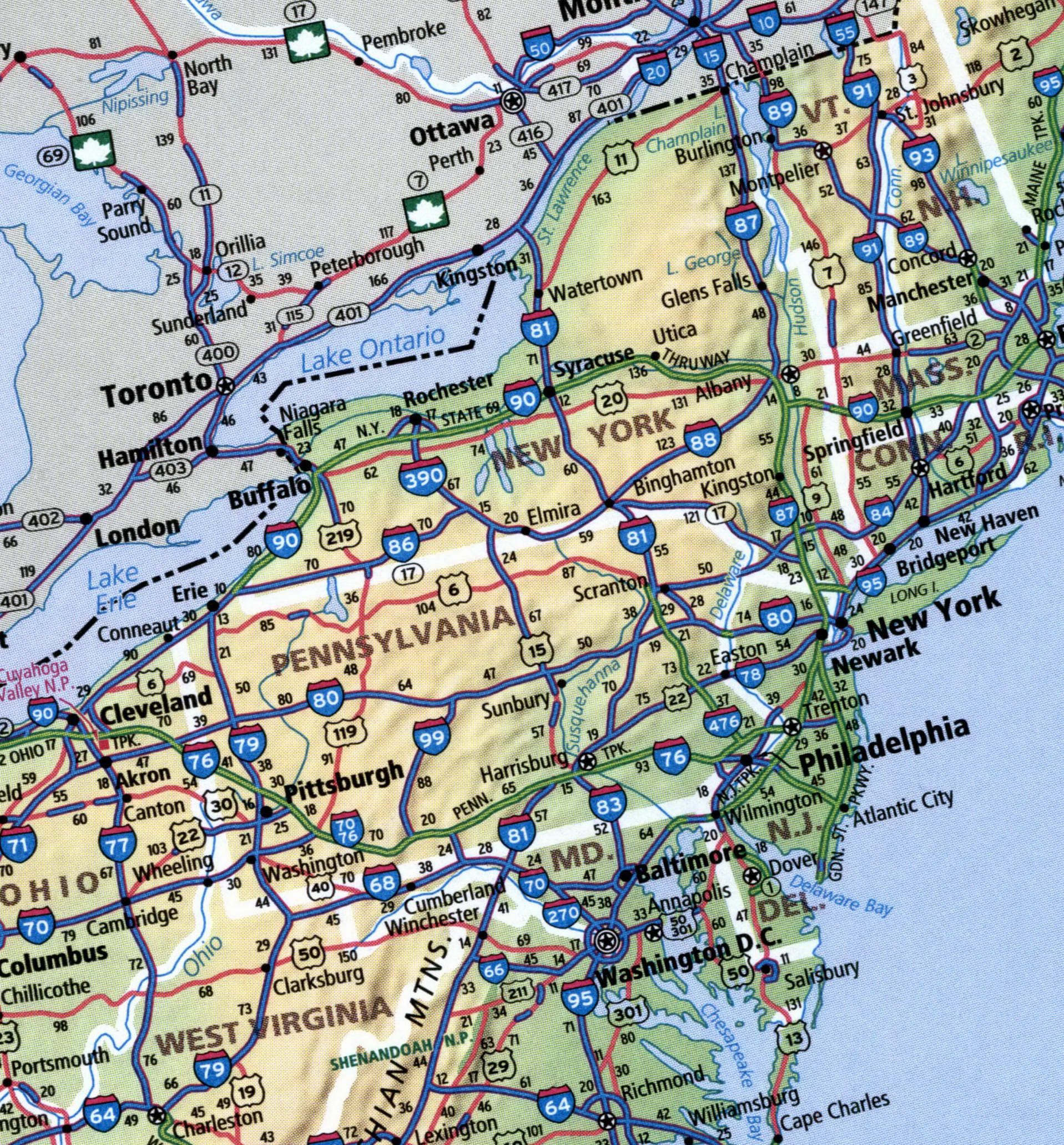 Map Middle Atlantic region cities towns roads interstate highways - USA